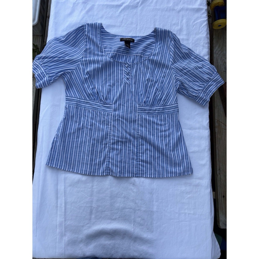 Lane Bryant Women's Blue White Striped SS Top 14/16 Cotton Blend‎ Side Zipper